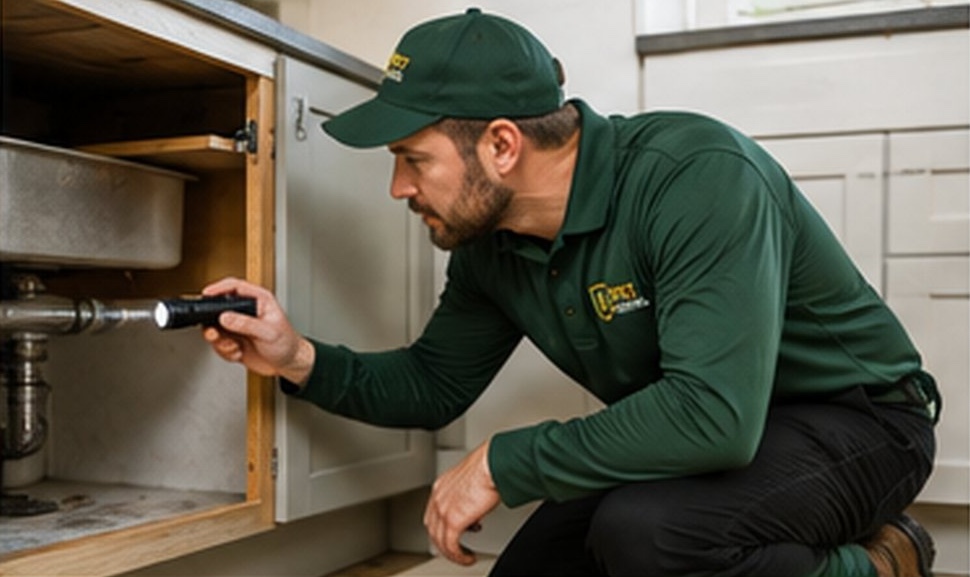 Farmingville Pest Control technician inspecting under-sink plumbing for pest entry points during a home visit